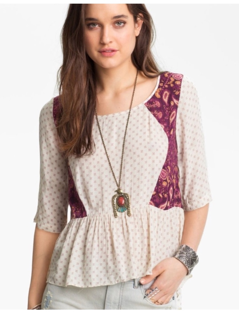 Free People Dandelion Print Peplum Hi-Lo Blouse